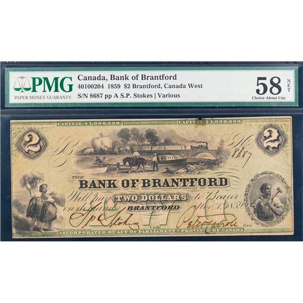 The Bank of Brantford 1859 $2 #8687 CH-40-10-02-04, PMG Choice About Uncirculated-58Net.