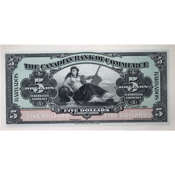 The Canadian Bank of Commerce;  1922 $5 CH-75-20-02FP & Back Proof coloured Barbados examples, PMG S