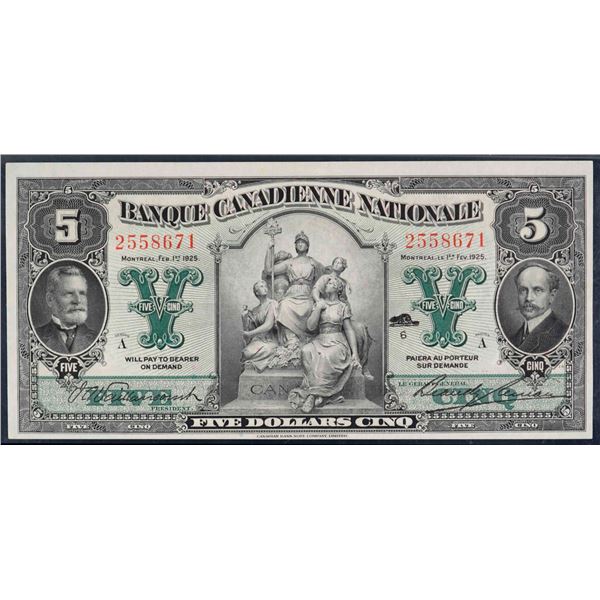 Banque Canadienne Nationale; 1925 $5 #2558671 CH-85-10-02, PMG Very Choice Uncirculated-64EPQ.