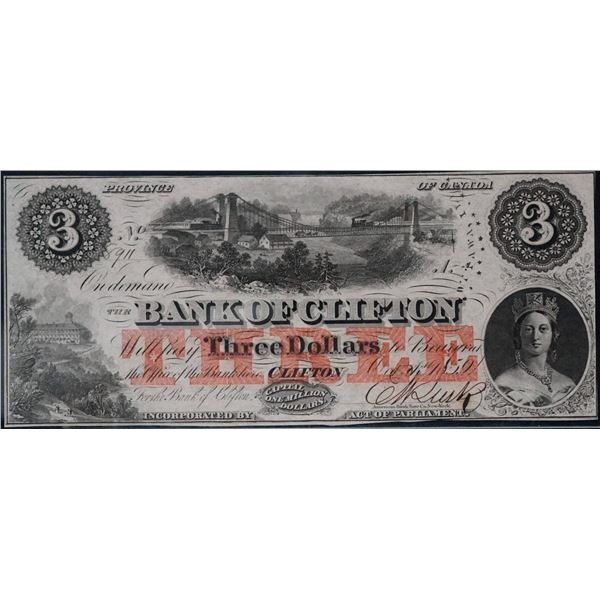 The Bank of Clifton;  1859 $3 #8911 CH-125-10-04-04a, LCG Choice Uncirculated-63PPQ.