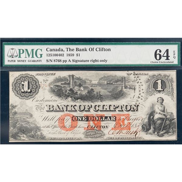 The Bank of Clifton 1859 $1 CH-125-10-04-02 #8768 PMG Choice Uncirculated-64EPQ