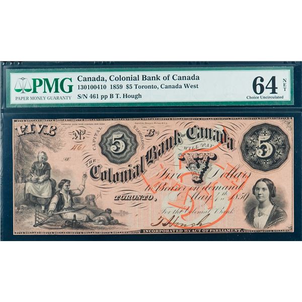 The Colonial Bank of Canada;  1859 $5 #461 CH-130-10-04-10, PMG Choice Uncirculated-64Net.