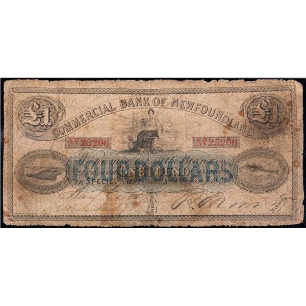 Commercial Bank of Newfoundland 1867 1£ ($4) CH-185-12-02 #25206 PMG Very Good-10. Only 8 known exam