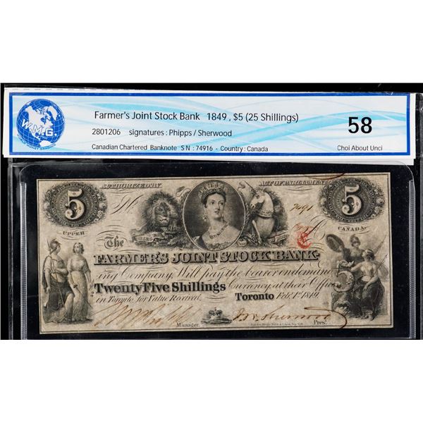 The Farmer's Joint Stock bank;  1849 $5 #280-12-06, WMG Choice About Uncirculated-58.  View and Bid 