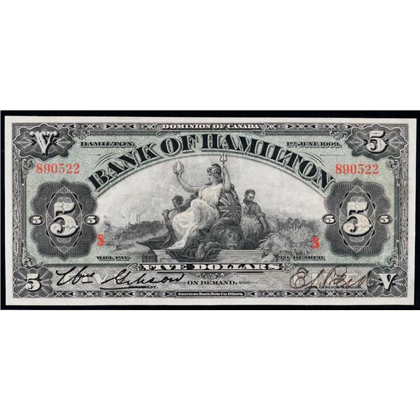 Bank of Hamilton 1909 $5 CH-345-20-02b "Test Note Letter "SS" A bright VF+ example.  Very scarce and
