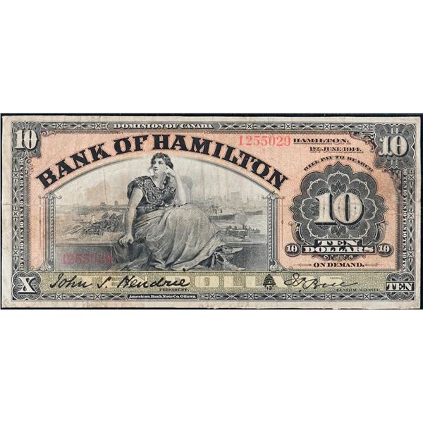 Bank of Hamilton 1914 $10 CH-345-20-12.  A VF example.