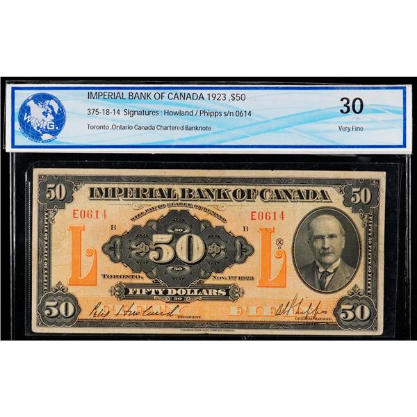 The Imperial Bank of Canada;  1923 $50 CH-375-18-14, WMG Choice Very Fine-30.  View and Bid accordin
