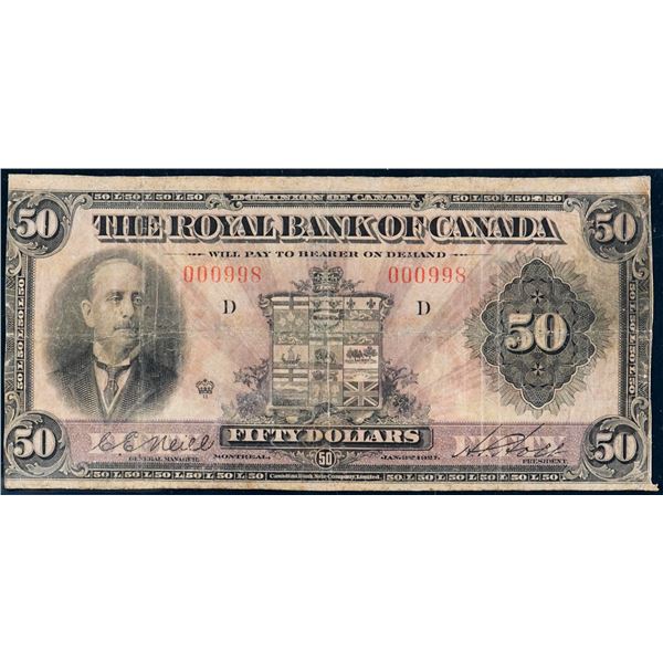 The Royal Bank of Canada 1927 $50 #00098 CH-630-14-14 "Neil Signature" at left.  Only known example.