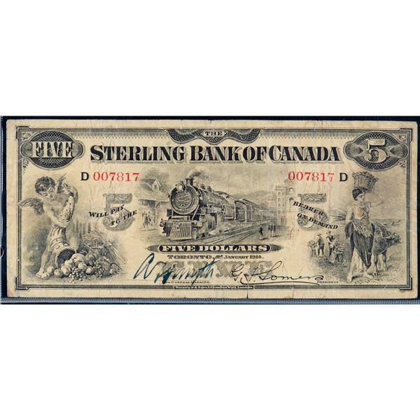 The Sterling Bank of Canada 1914 $5 CH-700-12-02 CCCS Choice Fine-15.  Rarely offered.  Only 21 know