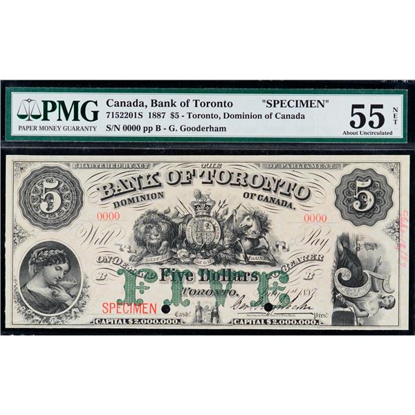 The Bank of Toronto;  1887 $5  CH-715-22-01S Specimen PMG Choice About Uncirculated-55NET.