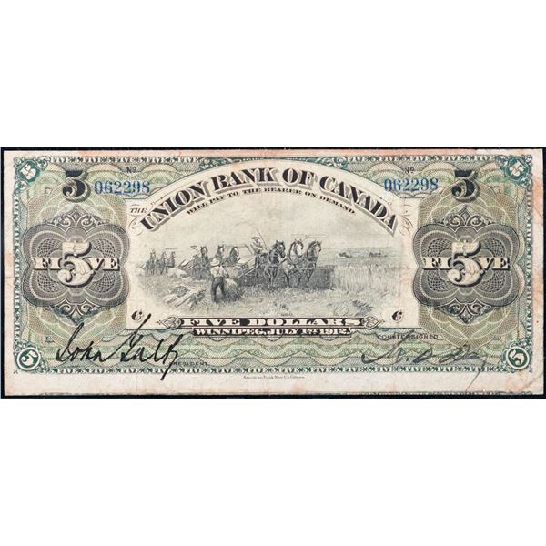 Union Bank of Canada 1912 $5 #062298 CH-730-16-06 "Green Frame" LCG Fine-15 or better