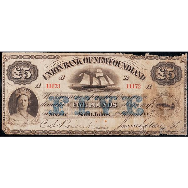 Union Bank of Newfoundland 1883 5£ CH-750-14-08 #B11173 PMG Very Fine-20, edge damage.  Only 6 known
