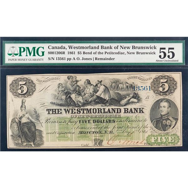 The Westmorland Bank;  1861 $5 #1356 CH-800-12-06R, PMG Choice About Uncirculated-55 w/sml tear.
