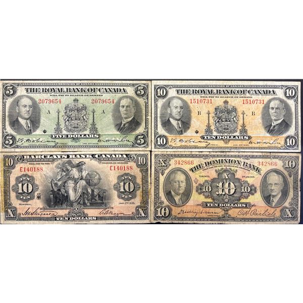 Chartered Banknote Lot;  Mixed Banks, denominations, varieties and signatures.  Lot of 4 notes.  F t