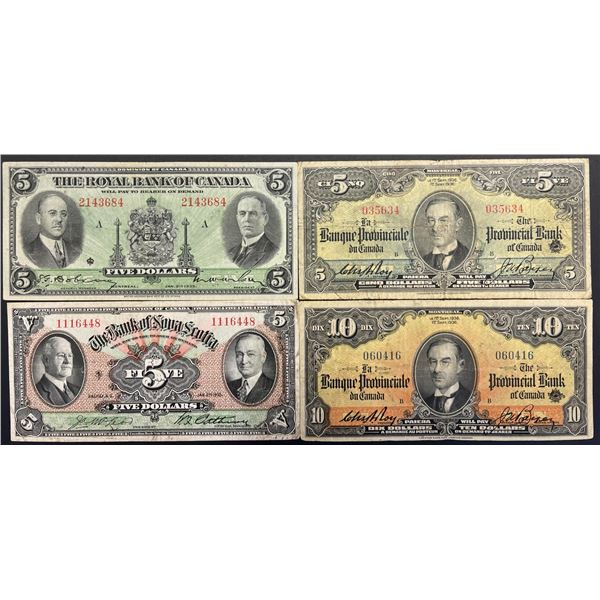 Chartered Banknote Lot;  Mixed Banks, denominations, varieties and signatures.  Lot of 4 notes.  F t