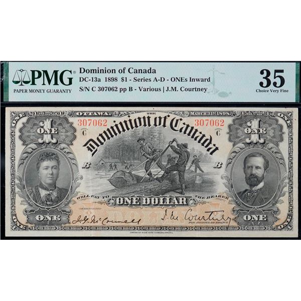 1898 $1 DC-13a #307062 PMG Choice Very Fine-35 Very bright example with light and minor rust.