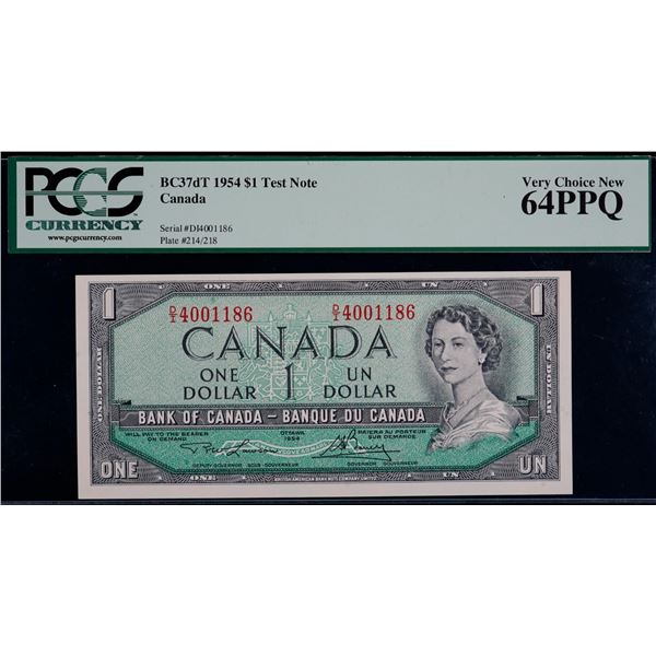 Test Note;  1954 $1 BC-37dT #DI4001186, PMG Choice Uncirculated-64PPQ.  Test Note depicts 4 polymer 