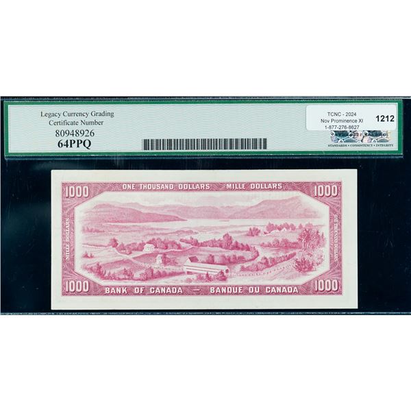 1954 $1000 BC-44b #A/K 0065305 LCG 64.  A bright, well centered with nice eye appeal. Excessively sc