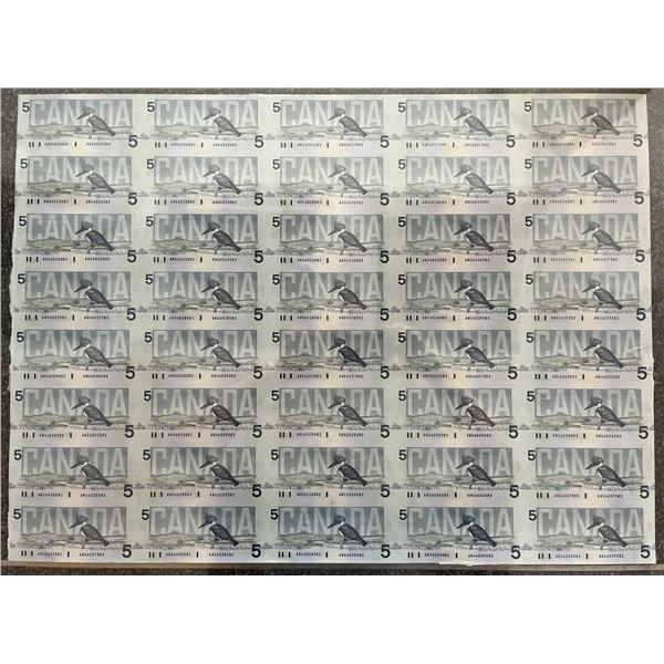 1986 $5 BC-56e-i #ANU Uncut Sheet of 40 notes. A nice typical AU/UNC example with light handling and