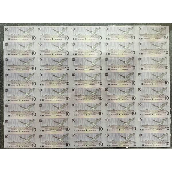 1989 $10 BC-57c #BEH Uncut Sheet of 40 Notes. A nice typical AU/UNC example with ligt handling and s