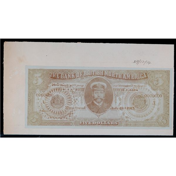 Photo Proof Notes;  1915 the Bank of British North America $5 / Reverse with  Banco de Portugal 1912