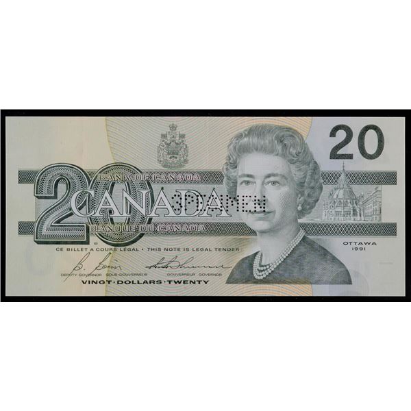 Essay Notes;  1991 $20 BC-58b - Polymer DuraNote Specimen (Punched) example w/o Full Print.  EF exam