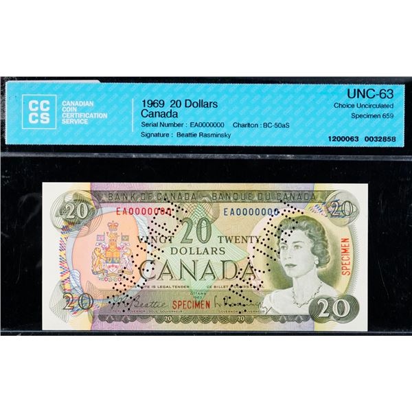 Specimen Note;  1969 $20 BC-50aS #EA0000000, CCCS Choice Uncirculated-63 Specimen #659.