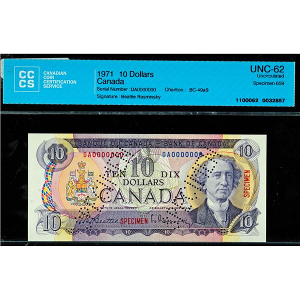 Specimen Note;  1971 $10 BC-49aS #DA0000000, CCCS Choice Uncirculated-62 Specimen #659.