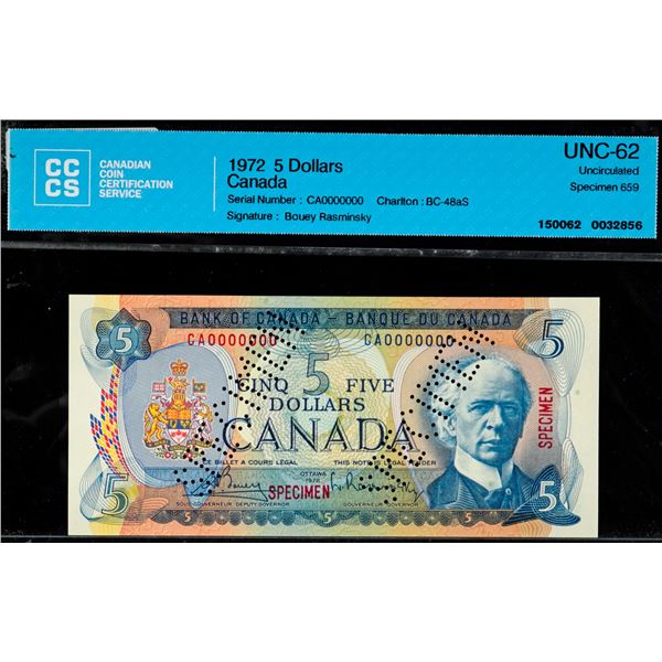 Specimen Note;  1972 $5 BC-48aS #CA0000000, CCCS Choice Uncirculated-62 Specimen #659.