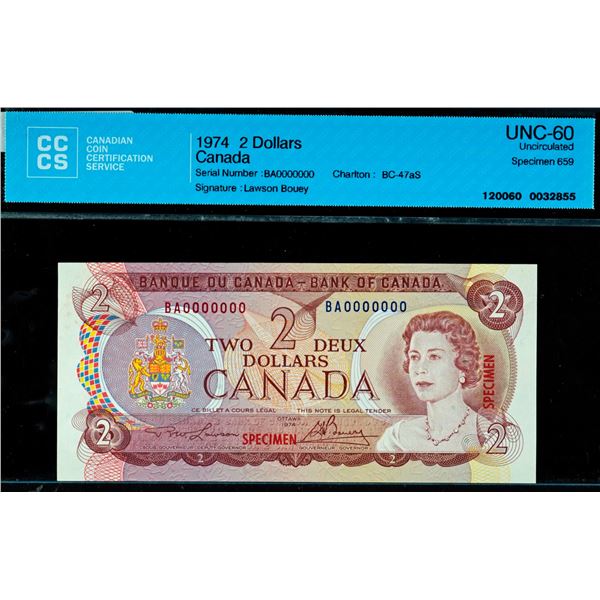 Specimen Note;  1974 $2 BC-47aS #BA0000000, CCCS Uncirculated-60 Specimen #659.