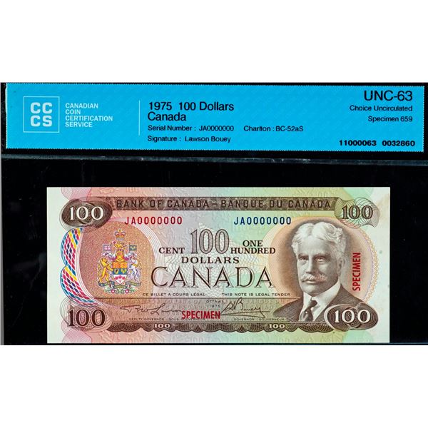 Specimen Note;  1975 $100 BC-52aS #JA0000000, CCCS Choice Uncirculated-63 Specimen #659.