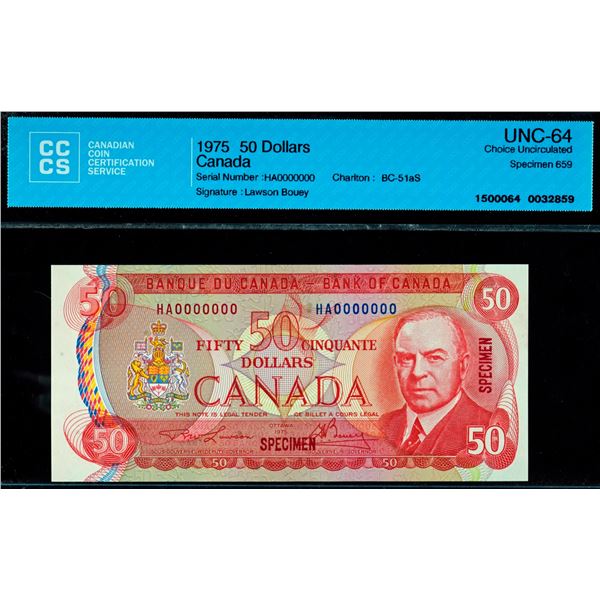 Specimen Note;  1975 $50 BC-51aS #HA0000000, CCCS Choice Uncirculated-64 Specimen #659.