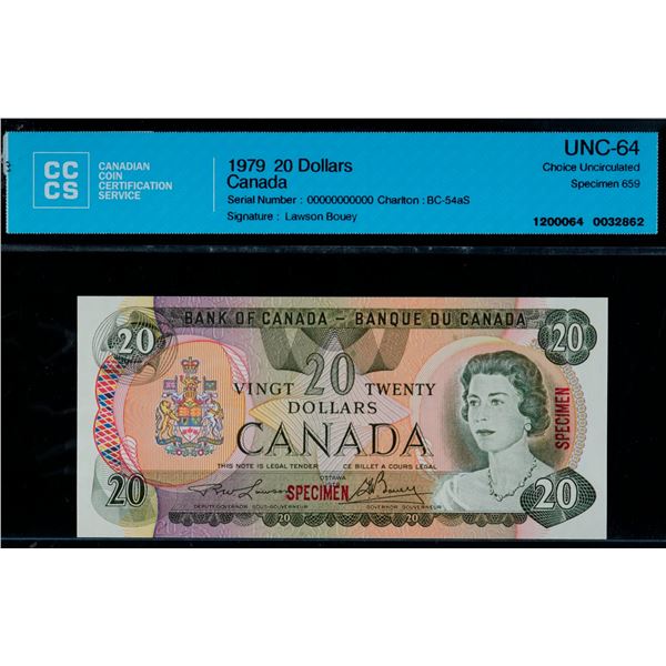 Specimen Note;  1979 $20 BC-54aS #00000000000, CCCS Choice Uncirculated-64 Specimen #659.