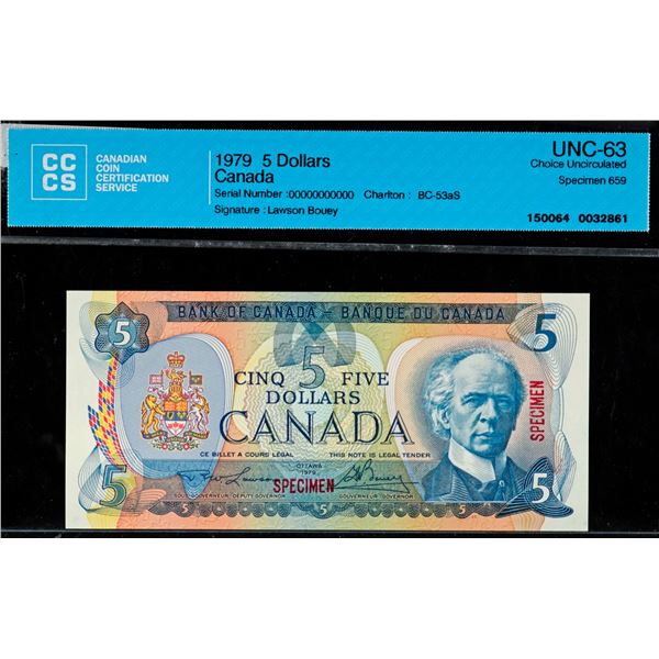 Specimen Note;  1979 $5 BC-53aS #00000000000, CCCS Choice Uncirculated-63 Specimen #659.