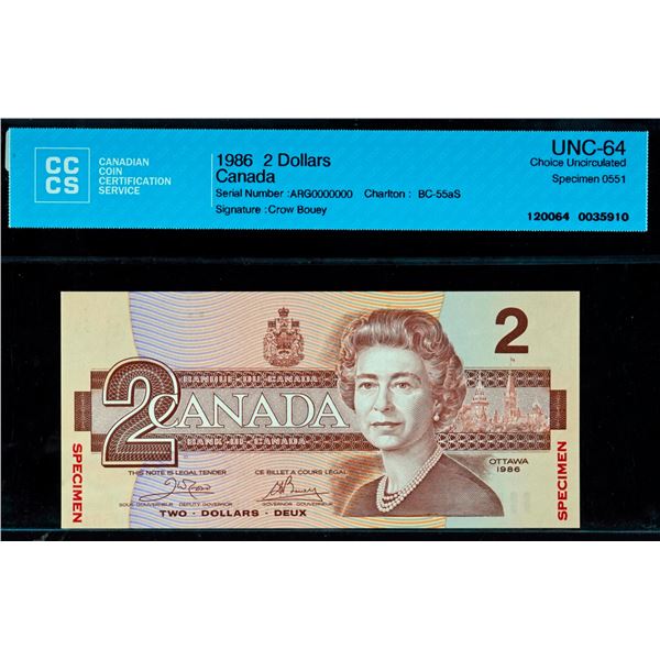 Specimen Note;  1986 $2 BC-55aA #ARG0000000, CCCS Choice Uncirculated-64 Specimen 0551