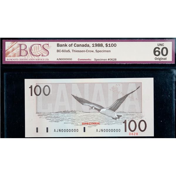 1988 $100 BC-60aS #0628 #AJN0000000, BCS Uncirculated-60.