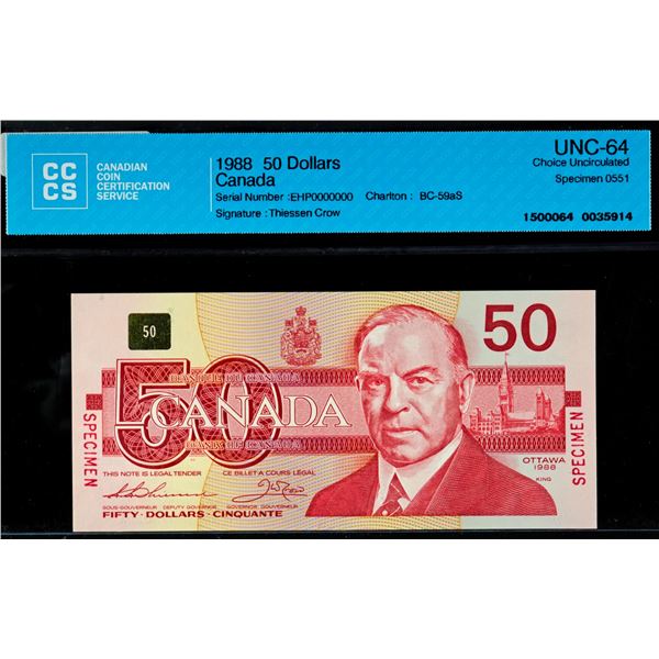 Specimen Note;  1988 $50 BC-59aS #EHP0000000, CCCS Choice Uncirculated-64 Specimen 0551.