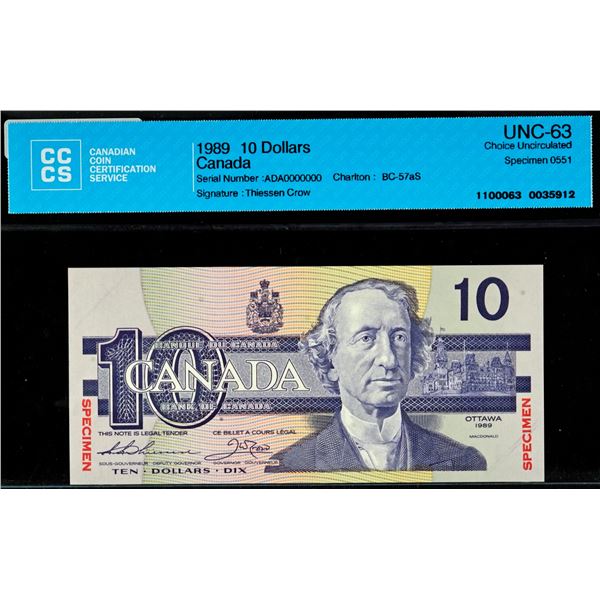 Specimen Note;  1989 $10 BC-57aS #ADA0000000, CCCS Choice Uncirculated-63 Specimen 0551.