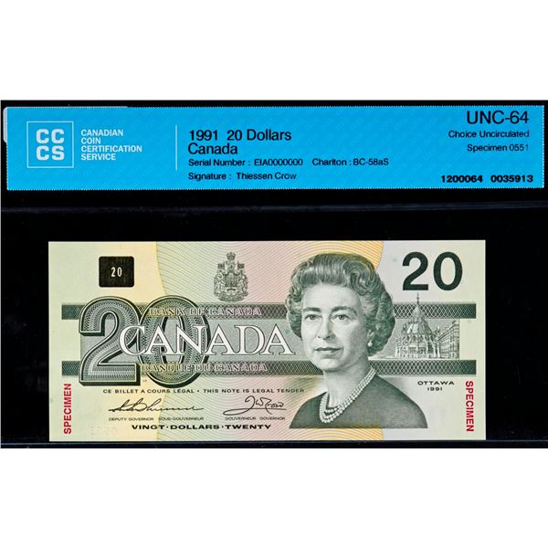 Specimen Note;  1991 $20 BC-58aS #EIA0000000, CCCS Choice Uncirculated-64 Specimen 0551.