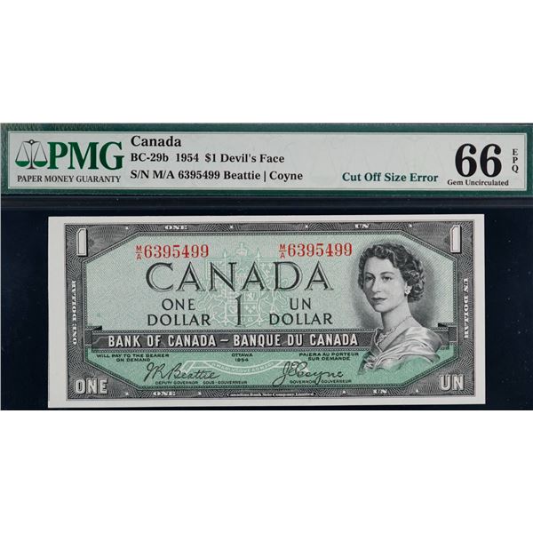 Error Note;  1954 $1 BC-29b #MA6395499, PMG Superb Gem Uncirculated-66EPQ.  Cut Off Size Error.