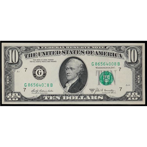 Error Note;  USA 1969 $10 #G865640 8B/G86564008B.  Serial Number Misprint.  EF example.