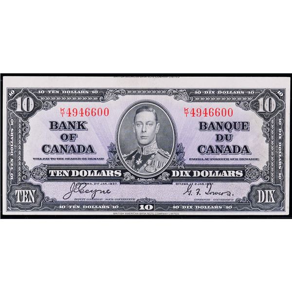 Error Note;  1937 $10 BC-24c #KT4946600, Miscut Error.  Nice AU example.