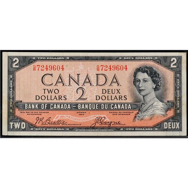 Error; 1954 $2 BC-30b #G/B7249604 Devil's face CCCS Choice Fine-15.  Signatures shifted at bottom to