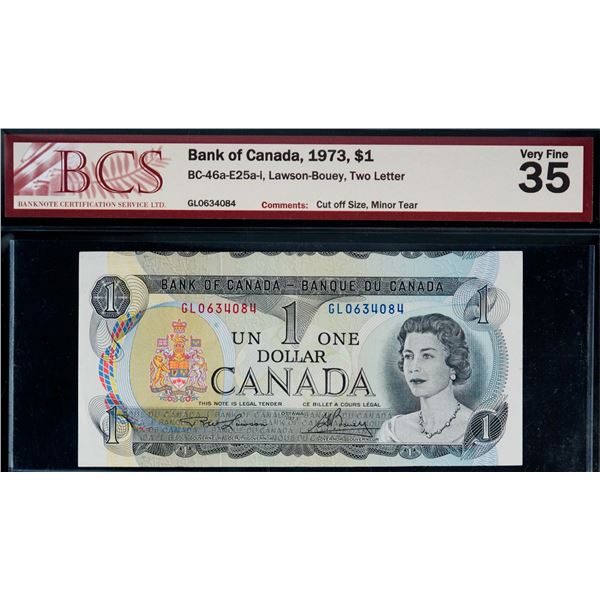 Error Note;  1973 $1 BC-46a-E25a-i #GL0634084, BCS Choice Very Fine-35.  Cut Off Size, w/minor tear.