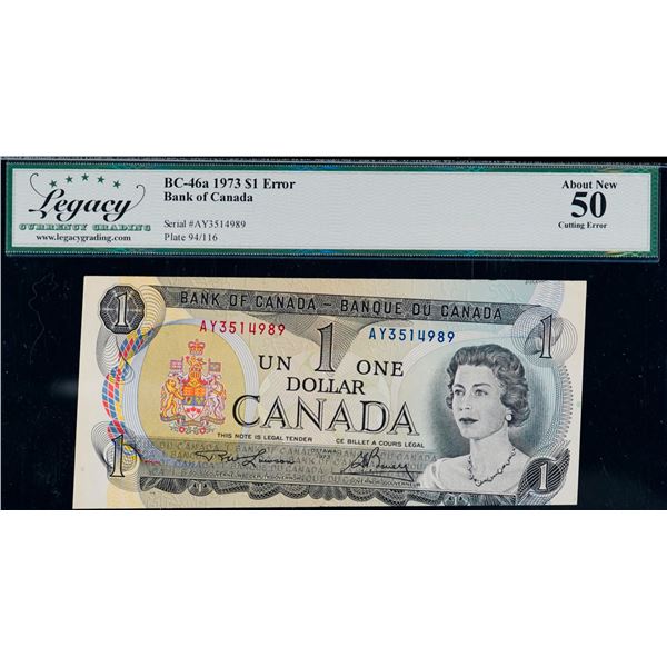 Error; 1973 $1 BC-46a E25i #AY3514989 LCG About Uncirculated-50.  Cutting error showing a portion of
