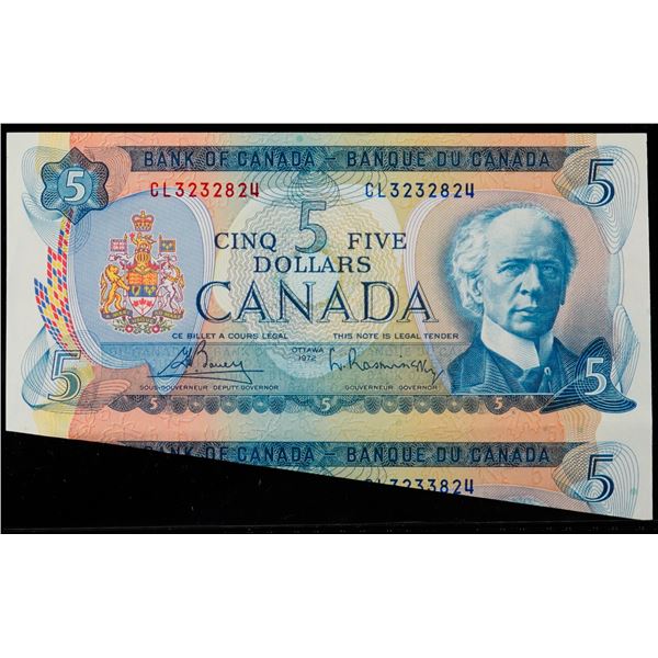 Error; 1972 $5 BC-48a #CL3232824-3824PCGS About Uncirculated-50PPQ. Large part of bottom note attach