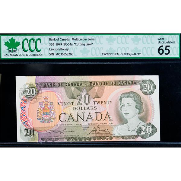 Error Note;  1979 $20 BC-54a #50036058206, Cutting  Error Note;  CCC Gem Uncirculated-65.