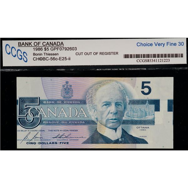 Error Note;  1986 $5 BC-56c-E25-ii #GPF0792603, CCGS Choice Choice Very Fine-30.  Out of Register.