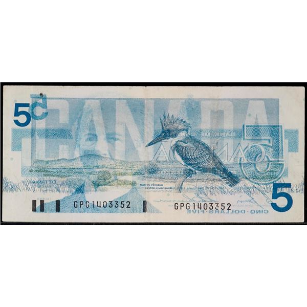 Error Note;  1986 $5 BC-56c #GPG1403352 w/Offset Print.  VF example.