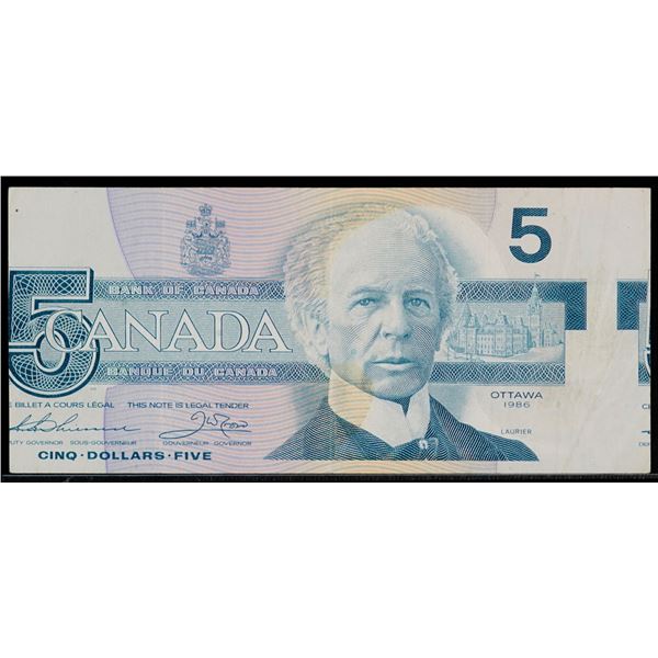 Error Note;  1986 $5 BC-56b #GNE7659394.  Cut Off Size.  VF example.